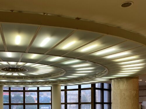 The artistically dominant parts of the ceiling of the theatre café are the backlit panels of timeless design made of frosted glass