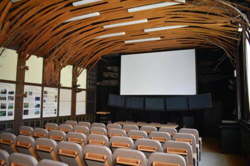 The today altered interior of the lecture hall – in 1991, new wooden soffit was added, in 2003–2004, the floor was refurbished and seats replaced