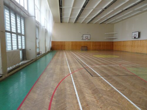 The gym with the 18 x 30 m layout with a preserved wooden floor with coloured edge strips