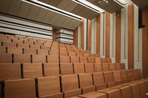 The lecture hall interior is dominated by horizontal and vertical lines of the suspended ceiling, panelling, and furniture components 