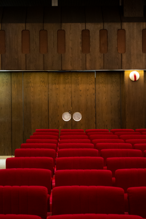 The congress hall is dominated by the warm colours of wood and upholstered surfaces 