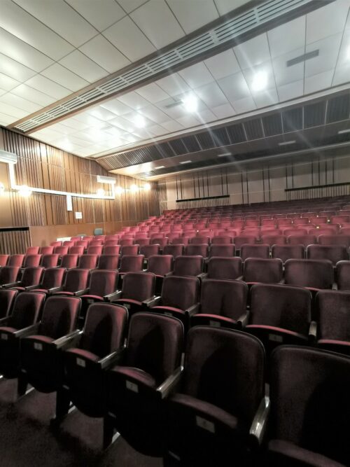 The original preserved interior of the theatre hall is characterised by timeless, vertically articulated wooden panelling