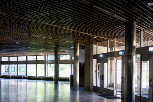 Výrazovo dominantnou súčasťou interiéru vstupného foyera je diagonálne smerovaný drevený rastrový podhľad s integrovanými lineárnymi svietidlami