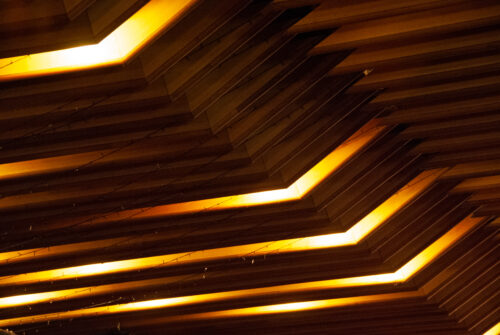 Thanks to the play of light created by the irregular illumination of the wooden slats, the interior of the large theatre hall has a specific artistic dimension 