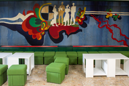 The wall of the congress centre lobby area is decorated with an art protis by Peter Günther 